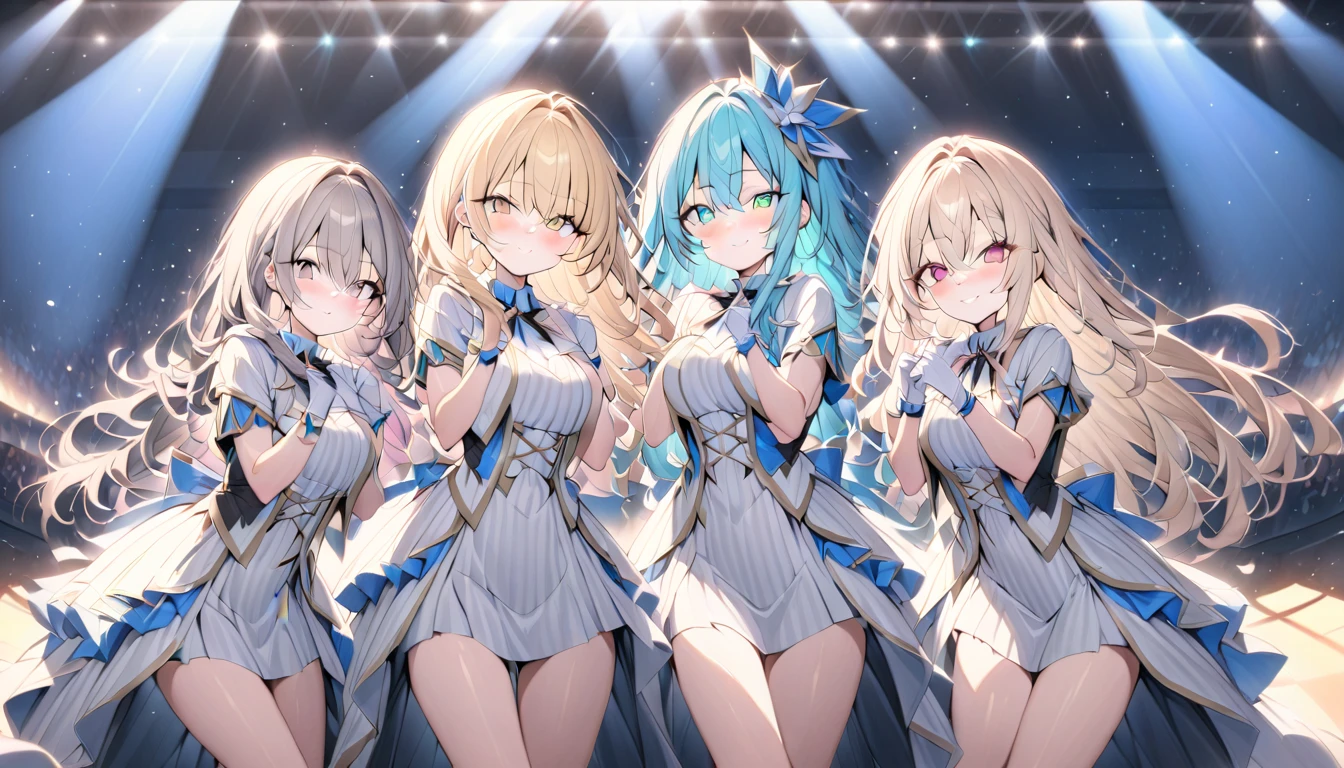 (Highest quality、Very detailed、Very detailed and beautiful、Ultra-high resolution) 、A five-member idol group、5 girls、Live Stage、Glittering lighting、Sing and dance、Idol Costumes、cute、Close-up
