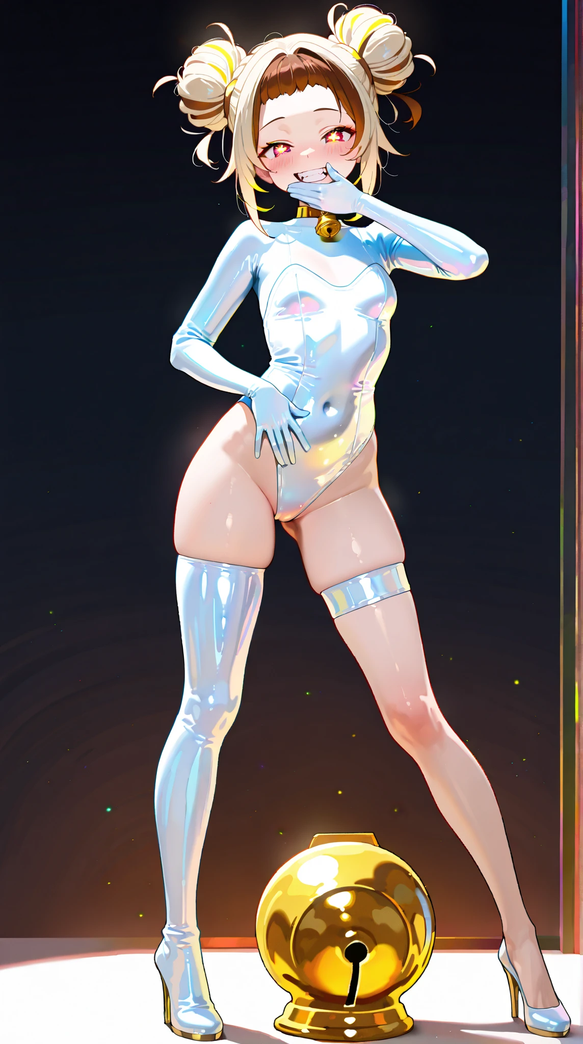 1girl, superhero, leotard, bare legs, boots, matching boots, dark blue hair, dark blue eyes, star symbol on chest, bob hair, medium breasts, light particles, aura, blue aura, stand, standing, space backdrop, magic, hand on hip, beautiful detailed eyes, body infused with blue aura, glowing body