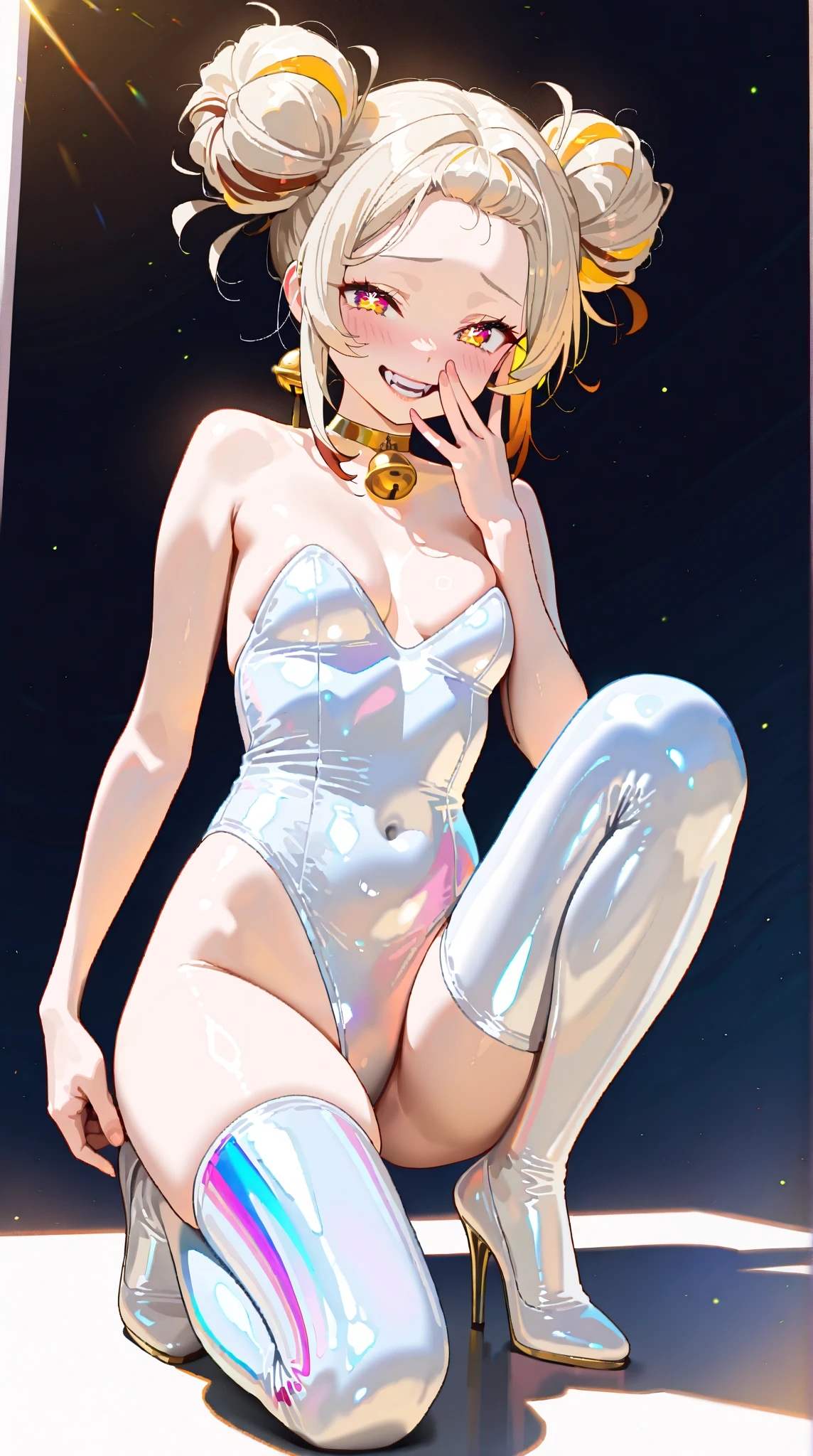 Goo-Goo Mew-Mew has white fur and coffee eyes. She has glittering blond hair with silver curlers, a pink nose, hot pink lipstick, a black mole, a glittering black harness around her stomach, and four glittering black tennis shoes. SPARKLE; GLITTER