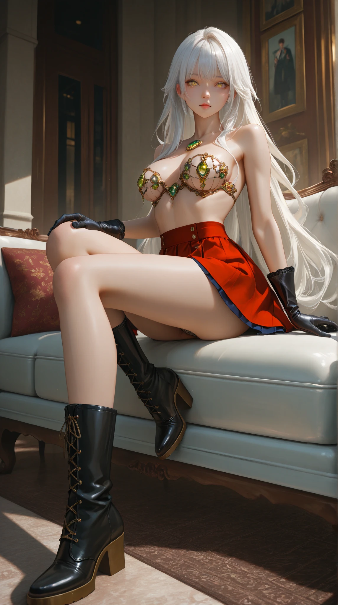 realistic, 1 women , Per HD, 12k, 1080p, wearing Allstars shoes, slim body, rather big body, six pack body, big round breasts, no clothes, beautiful breasts, looking at the camera, sitting on the sofa, transparent and genitals clear, long black hair, face details, person details, body details, clothing details, hair details, body details, body details, breast details, vagina details, clothes, eye details, sweat details, water details, pose (knees bent and feet opened wide) whole body