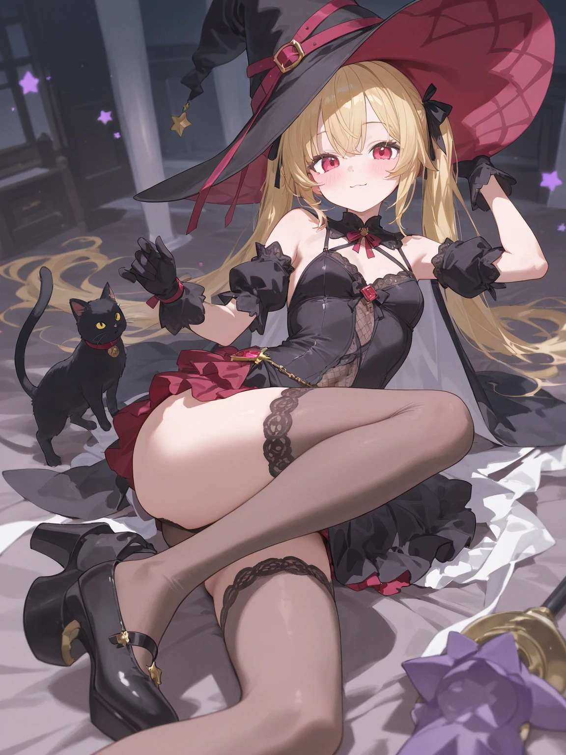 darkmagiciangirl,devil ornament, dark magician,black latex costume, girl,vontage,lace costume, blonde long hair, choker, (pink eyes:1.5),empty pupils,empty eyes,
BREAK bare shoulders, pink footwear,sexy,glamour,growing eyes, blush, blush stickers, cleavage, collarbone, duel monster, hat, off shoulder, pentacle, black wizard hat, (black clothes,heart tatoo:1.5),
BREAK looking at viewer,
BREAK indoors, intricate room,
BREAK (masterpiece:1.2), best quality, high resolution, unity 8k wallpaper, (illustration:0.8), (beautiful detailed eyes:1.6), extremely detailed face, perfect lighting, extremely detailed CG, (perfect hands, perfect anatomy),pantyhose,leotard,shiny skin,from behind,stick out ass,seductive smile,heel