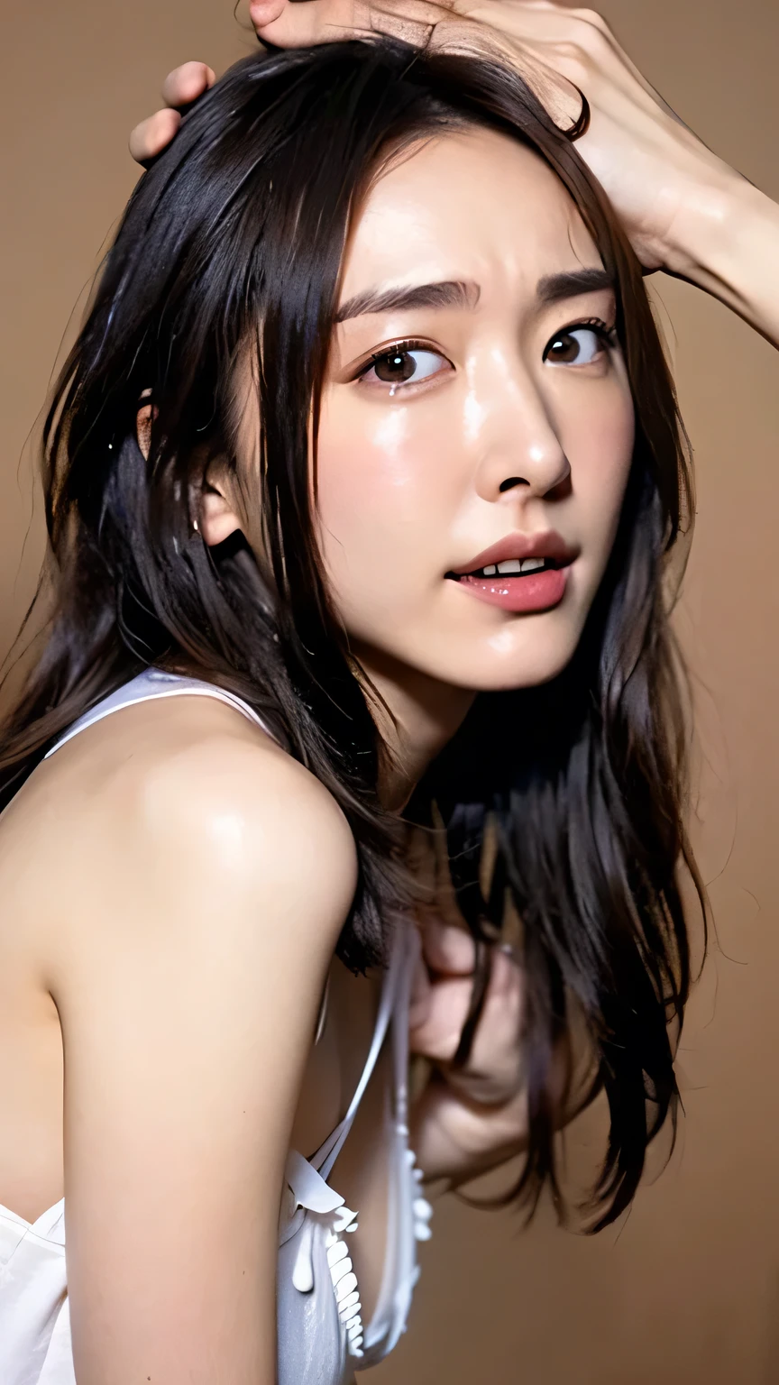 ((Completely naked, a man grabs me on the head and makes me suck my penis all over my mouth)), ((Yui Aragaki with an expression of agony crying and refusing)), ((forced to suck a man's penis to the root)), ((Blowjob)), ((arms tied behind the body)), Japanese, 1 adult female, constricted, dark haired, ((long hair hanging over shoulders)), Most Beautiful Face, Beautiful skin, small pink nipples, ((slightly larger breasts)), Perfect Body, ((The background is a dim factory)),
