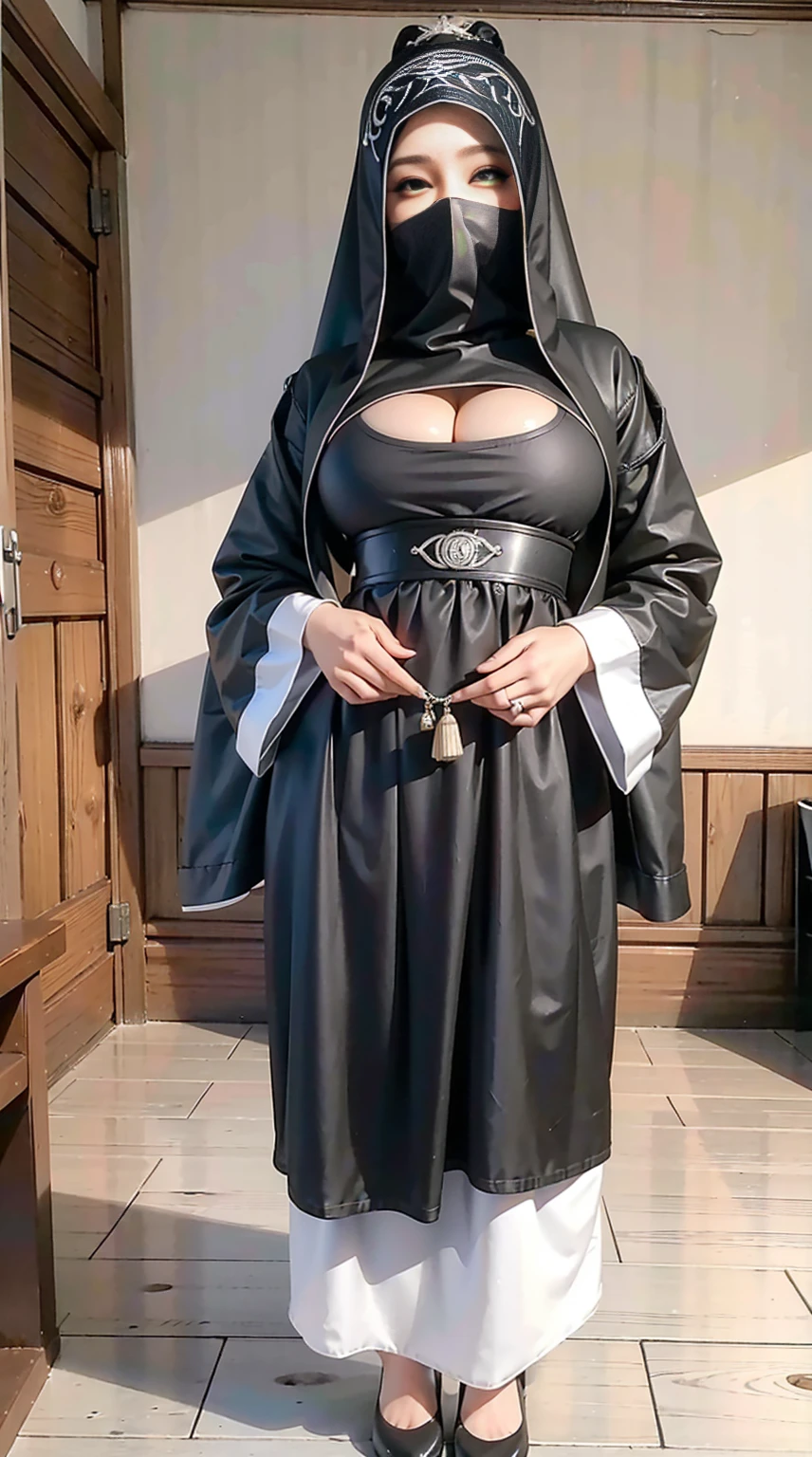 woman in brown dress and shorts hairstyle posing of the dark room, wearing brown clothes and cape, hijab outfit, with a long brown cape, hijab fashion model, plus size, plus size woman, wearing brown robe, woman in brown robes, beautiful burqa's woman, thicc, brown outfit,, wearing a brown robe, brown , with cape, bbwchan, large cleavage, very large cleavage, massive cleavage , wearing a sneakers, 35 years old woman, asian women , short hair ,iremuzi tattooed all over body, iremuzi tattooed thighs, iremuzi tattooed hands , iremuzi tattooed chest