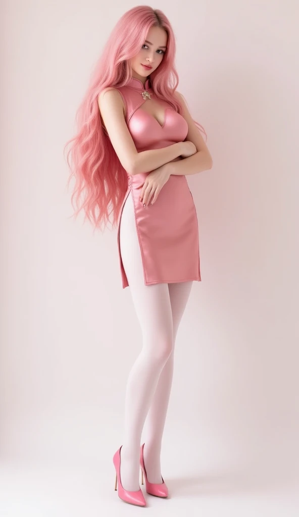 从头到脚full body shot，Standing posture，high-definition，masterpiece，An extremely tall and strong woman，pink hair，Extra long pink curly hair，Extra long curly hair falling to the ground，Extremely long hair，delicate face，Hydrating red lips，extremely tall height，toned body，Amazing body proportions，Muscular limbs，broad shoulders，extra large ，abdominal muscles，wide hips，Extremely huge buttocks，Incredibly exaggerated and long legs，Super long big thick legs，Extremely long legs，Extremely exaggerated thick leg muscles，，Pink turtleneck long bodycon dress，Platform shorts，Smile，real person，Gym，CG rendering，16K，looking at camera，ultra high definition，Details are perfect，The picture is real，Ultimate picture quality，highest accuracy，8K resolution，dark shadow，8K, Yes ,ultra high definition,8K，full body shot。