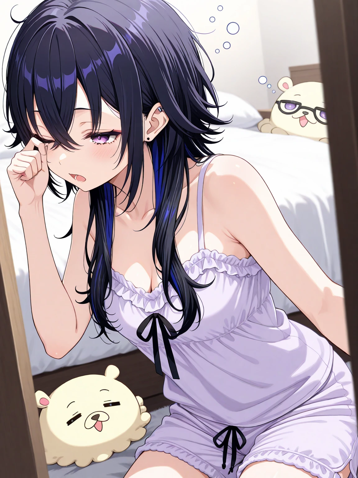looking at viewer,looking up,from above,upper body,1girl,lick,Hands Behind Back,Tied with hands behind back,Beautiful 14 year old girl,Japanese,Slender,,low length,Small breasts,Baby Face,Small face,Black Hair,one side up,Gray Eyes,slit pupils,Drooping eyes,middle School girls,A see-through black and purple negligee,lingerie,first round,open mouth,tongue out,front face,Straight Stand,Beautiful and detailed anime art,Mischievous smile,Sexy vibe,cum on tongue,Dimly lit room,On the bed,Simple Background,Gray background,Low lighting
