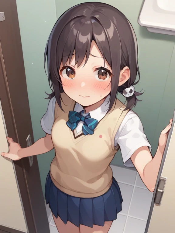 Highest quality,masterpiece,indoor,supermarket,Highest quality, Very detailed, (masterpiece), (illustration),Are standing, (face focus),((upper body)),Red eyes, Shine目,Long twin tails, brown hair, bangs, Shine, eyebrows visible through hair,((Plain white T-shirt)),((Plain blue skirt)), Flat Chest,shy, blush, (looking at viewer), Open your mouth,((shirt lift)),White sports bra, 1boy,Nude,old man,160cm,(((hetero))),((1boy penis on breast)),((paizuri under clothes))