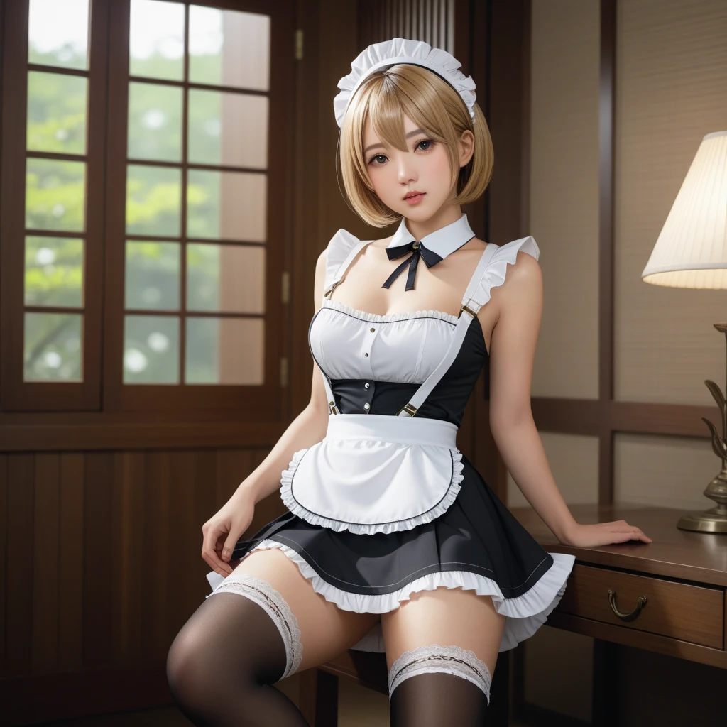 a young woman in a provocative maid costume. She has short, blonde hair with bangs, large breasts and is wearing a maid headband. Her outfit includes a low-cut, ruffled dress that exposes a significant amount of cleavage, with matching thigh-high stockings that have lace trim. The woman is (on her hands and knees:1.6) on a light blue sheet, looking directly at the camera with a seductive flirty expression. (thick milky  on her face and chest:1.4), giving a suggestive impression. The background includes a dimly lit indoor setting with various industrial elements. The overall scene is highly stylized and erotic.