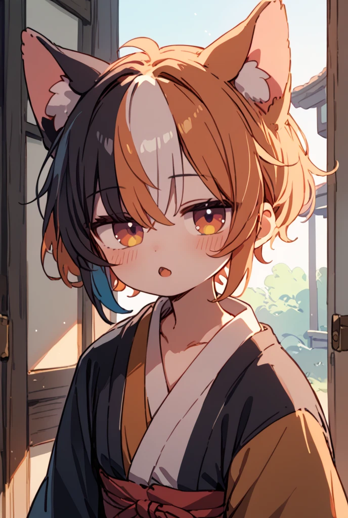 blonde short hair, pink eyes, human girl, wear torn kimono, skin become like tiger skin, crying, tiger ears, orange skin