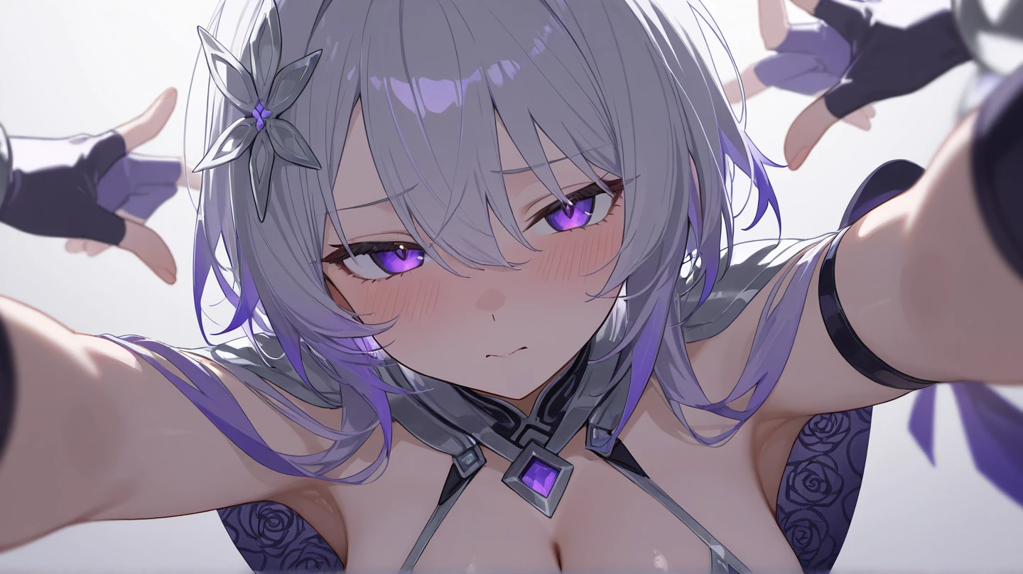 masterpiece, best quality, 1girl, upper body, nature,topless, reeds, bloom, light smile, keqing (opulent splendor) (genshin impact),keqing (genshin impact), hair bun, purple hair, twintails, purple eyes, diamond-shaped pupils, hair ornament, cone hair bun, long hair, double bun, bangs, bow, hair flower, hair bow, hair ribbon, nipples, pov, <lora:keqingGenshinImpact3in1_v10:0.6>