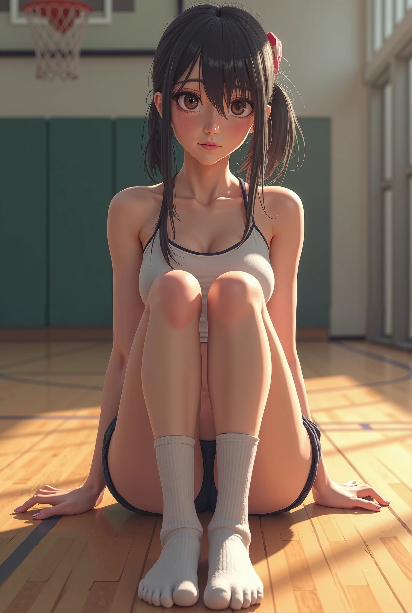 Open clothes+sports bra, Futanari, Full Body Shot.,On my knees