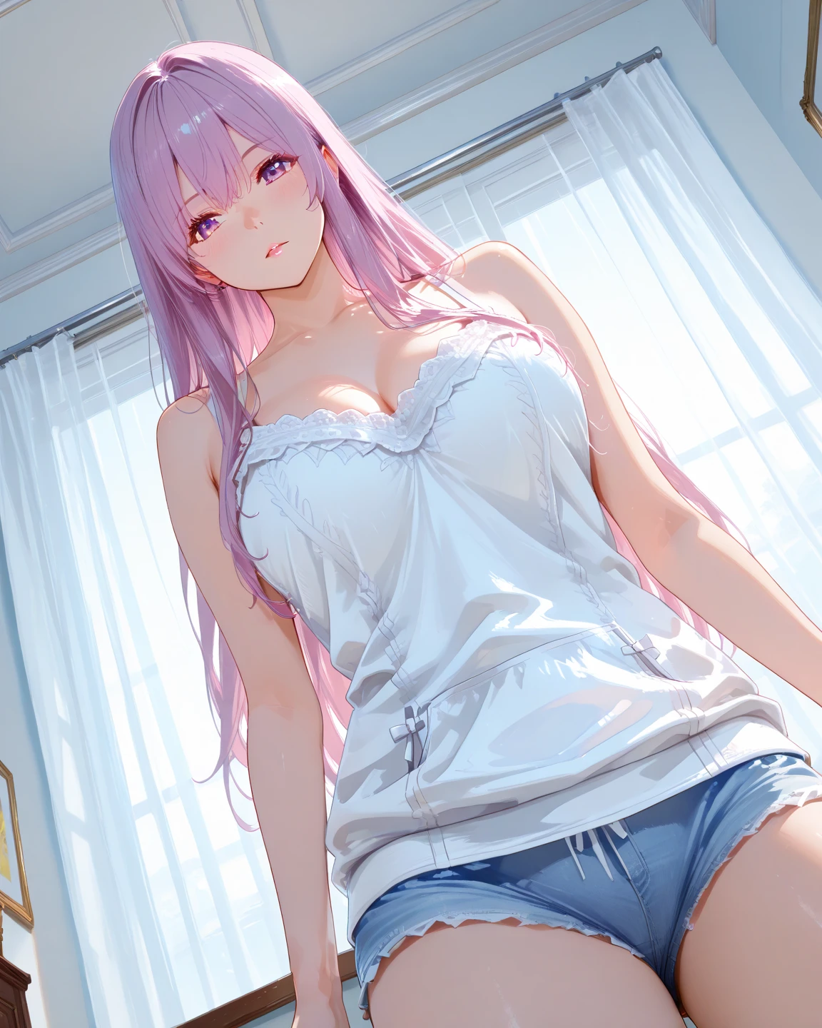muste piece、highest quality、High resolution、nffsw、perfect pixel、girl、cute、beautiful eyelashes, realistic eyes、smile、White and pink bra、White and pink panties、Wearing only underwear、Smooth texture:0.75、blue sky outdoors、lace floral bra、Lace floral panties、I can see your panties
