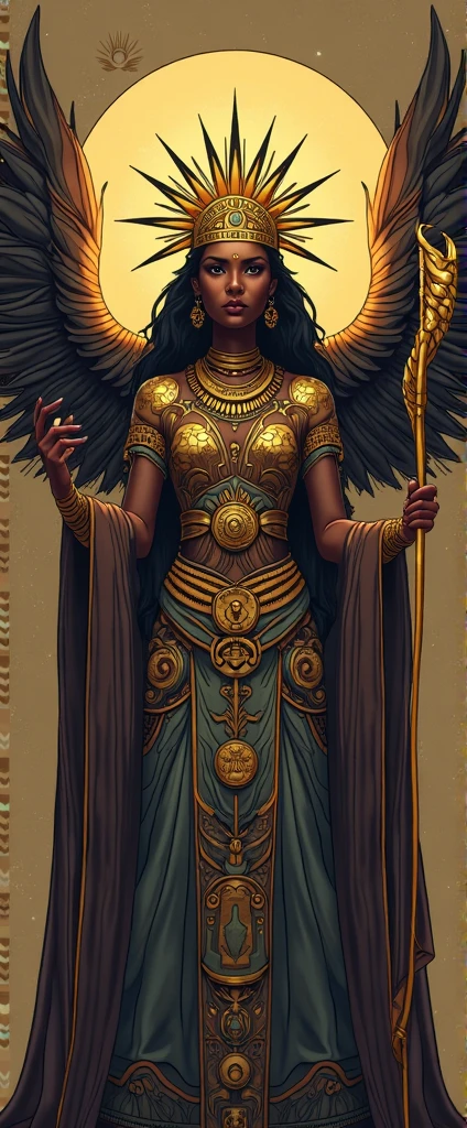 Create a black human Egyptian God, with the scales of balance on their feet, the eagle and the hawk on his right and left side above his shoulder.