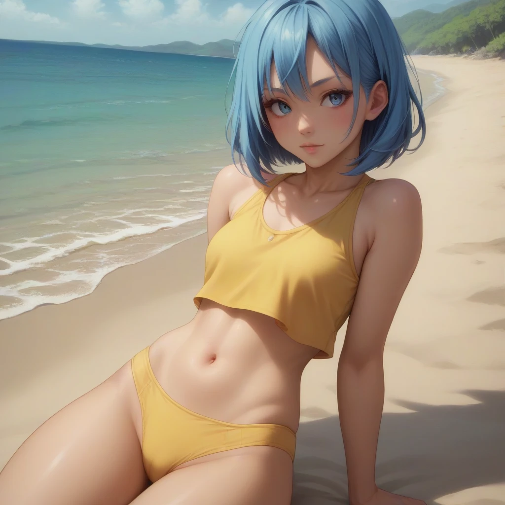 (masterpiece, best quality, ultra-detailed, 8k, wallpaper, photorealistic), ((perfect hands)), ((perfect anatomy)), medium cleavage, long round legs, round ass, ((alluring anime girl)), ((Rei Ayanami)), ((capturing her ethereal beauty with pale wet skin, wet short indigo hair)), ((and bright crimson eyes that seem to hold a mysterious depth)), ((A wet two-piece swimsuit set with a unique and futuristic twist, The top could be a bandeau-style bikini in a pale blue or white color, To add a touch of her character, you can incorporate subtle NERV or Evangelion-themed patterns or symbols as an accent on the bikini top, For the bottom, a high-waisted bikini bottom in a matching color with a sleek, modern design would complement the top nicely, This design would maintain Rei's modest yet stylish appearance while offering a more traditional swimwear look)), ((close-up shot, from behind)), ((dynamic background)), ((sensual pose)), ((sitting crossed-legs on a sea rock)),