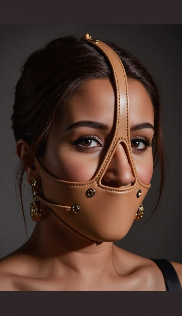 (Selena Gomez, bdsm, bondage, muzzled mouth, drool dripping, drool dangling, breathplay) cleavage, 8k, drool all over chest, drooling, realistic, dripping wet, medium breasts, drool dripping from chin, drool all over face, corset, suspended, hanging, perfect body, smooth skin, pleading eyes, exact likeness, muzzle harness, muzzle, breath control
