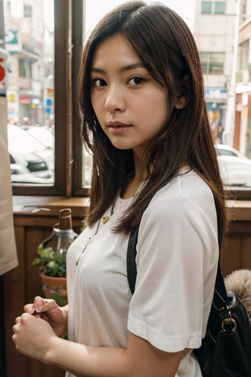 Realistic photography, beautiful young japanese woman , market