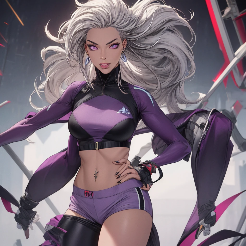 (beach:1.5), high detailed, 8k, highres, kda all out evelynn, league of legends, k/da \(league of legends\), 1girl, solo, cowboy shot, makeup, lipstick, eyeshadow, purple lips, jewelry, earrings, yellow eyes, white hair, long hair, claws, cropped jacket, garter straps, jacket, blue jacket, open clothes, open jacket, breasts, bracelet, thighhighs, black skirt, looking at viewer, high heels, hand on hip