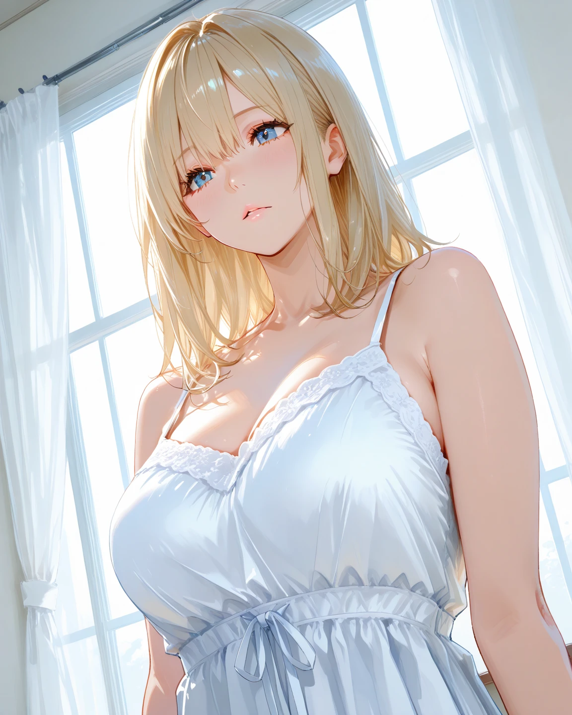(Masterpiece), (Excellent), (Extremely Fine), best quality, expressive eyes, perfect face, highres, 4k resolution. 1girl, Close-up portrait of a graceful woman, (mature female, milf:1.4), realistic face, (a graceful mother:1.3), swept bangs, long hair, side hair braid, (light blonde:1.3), light blue eyes, (fat arms:1.3), huge breast, long neck, sleep (transparent gown:1.3), bedroom, graceful aura, loving mother face, morning sunlight from windows.