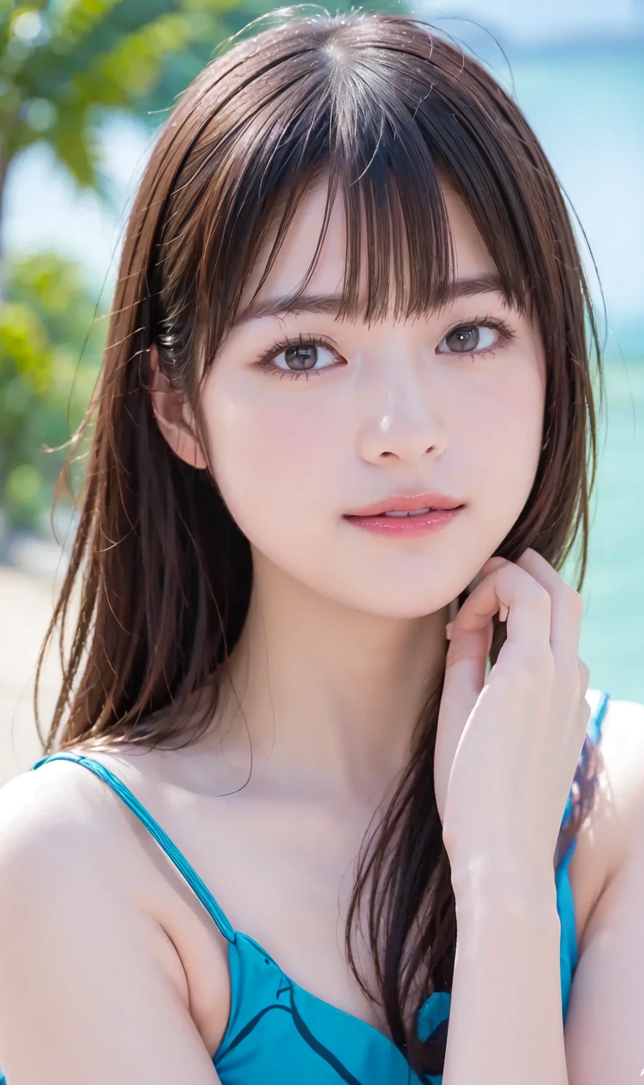 Highest quality、Soft Light、Ultra-high resolution、(Photorealistic:1.4)、RAW Photos、 1 Japanese Girl、solo、cute、(pupil、Eye light)、Detailed beautiful face、(High resolution detail of human skin texture)、 (Long Hair)、Swimwear、Beach