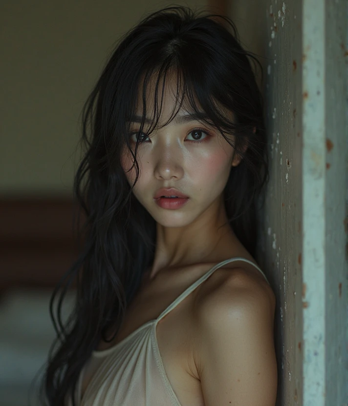 Japanese girl、analog film photo, (Create a realistic and photorealistic photo image)、whole body、underwear, Stand in the shade、The light only hits your face、blur, tint, depth