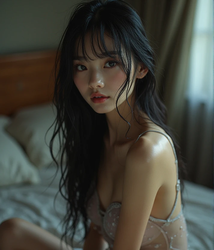 Create an Asian beauty,cheongsam,Sitting on a stool,Keep your legs together,Scratching the scalp with both hands,Two hands washing hair on top of head,There is a lot of foam and water on the head,Foam wrap head,Realistic foam,Seductive expression,Character front position,Real People,Character Close-up,Ancient attic background,9:16 frames,Ultra HD painting