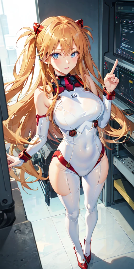 (down view),dynamic angle,ultra - detailed, illuminations, Close-up cleavage, direct, 1 busty girl, 
 ((Soryu Asuka Langley, Interface headset, red leotard:1.4, blonde with blue eyes)),Her eyes sparkled like dreamy stars,(glowing light eyes:1.233),(beautidful eyes:1.1),(face expressionless,close your mouth),(Mechanical room on white spaceship with tools and spaceship windows),
(natta:1.2),like a dream, [[Slender fingers and hands:0.55]::0.85],(detail finger),