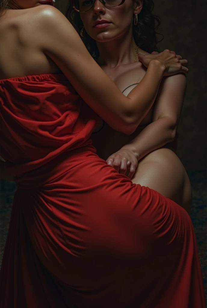A naked woman giving birth a many baby monster in pain through her with a female monster