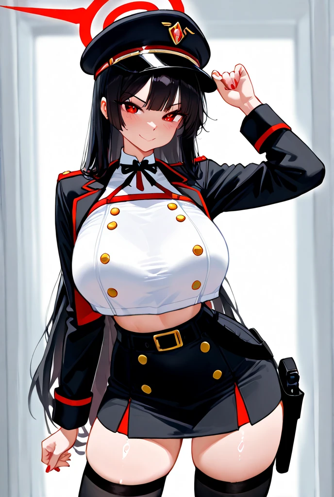 m((Masterpiece, Best Quality)), (1girl), (独奏), (female focus), Female officer of the Gothic army, Black leather German uniform, in an army leather hat, Strong make-up, large breasts, Tall woman, black hair, red eyes, Horns, deep-shadows, constricted pupils, blank eyes, yandere, Smile at the corner of your mouth
