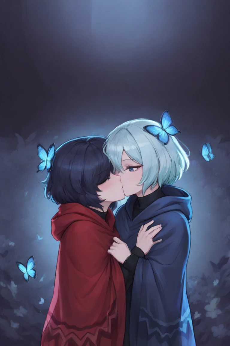anime, a couple of people kissing each other in the snow, I'll put this question aside, high quality fanart, kissing together cutely, kissing, 2d art cover, kiss, ( ( ( Yoshinari yo ) ) ), 2 d anime, kissing together, official work of art, femme, 2 d anime style, 2 d art, 2d art