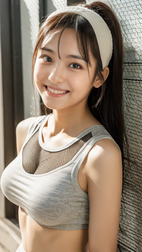 ((Highest quality、8k、masterpiece:1.3))、School grounds、Track and field athlete、Young Japanese woman、(Anatomically correct body)、（Perfect Body Beauty:1.2）、Highly detailed beautiful face、Beautiful skin texture、(Cute smile)、Beautiful Eyes、double eyelid、(Large Breasts)、Beautiful long legs、ponytail、(Looking into the camera),(Sexy white sportswear)、(zipper is open:1.25)、Seductive pose