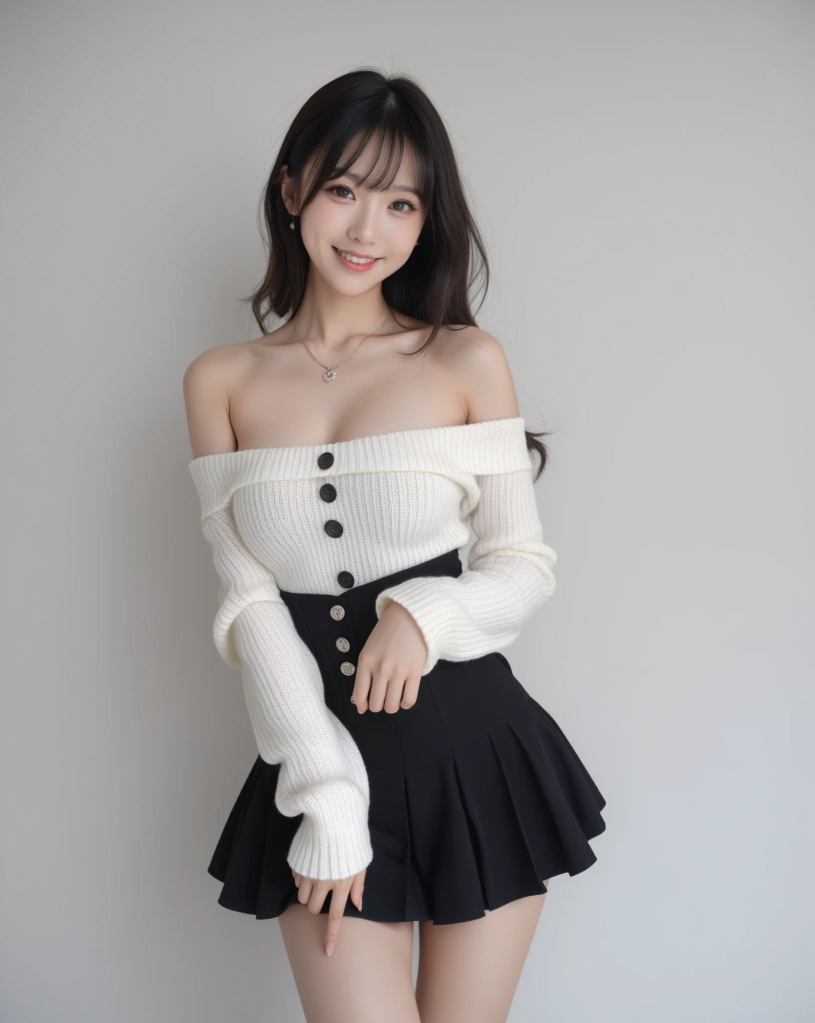 (Best quality, masterpiece, detailed), (RAW, 4k, hd images), shy, 1 girl, , white skin, long hair, ponytail, layers hair, bangs, black hair, beautiful girl, cute girl, sweet girl, pretty girl, perfect girl, pretty eyes, blue eyes, thin lips, thin, (eye line, lip stick soft), perfect , glasses(detailed frame), room, smile, thigh, legs, feet, white off shoulder clothes, black short skirt, standing, plain wall background, pose like a model, facing on camera, full body with feet, feet with high heels