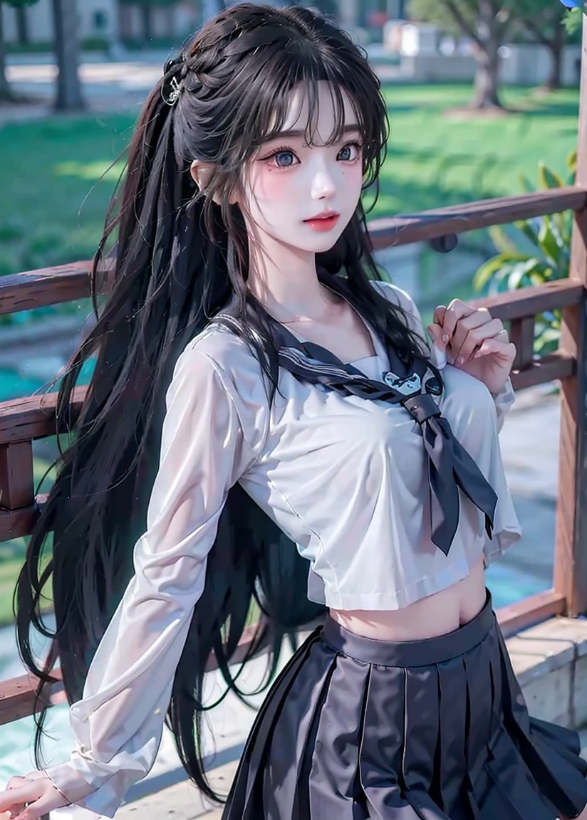 a sailor suit，long whitr hair，Black color hair，Girl，nabel，Low collar, chest nipple