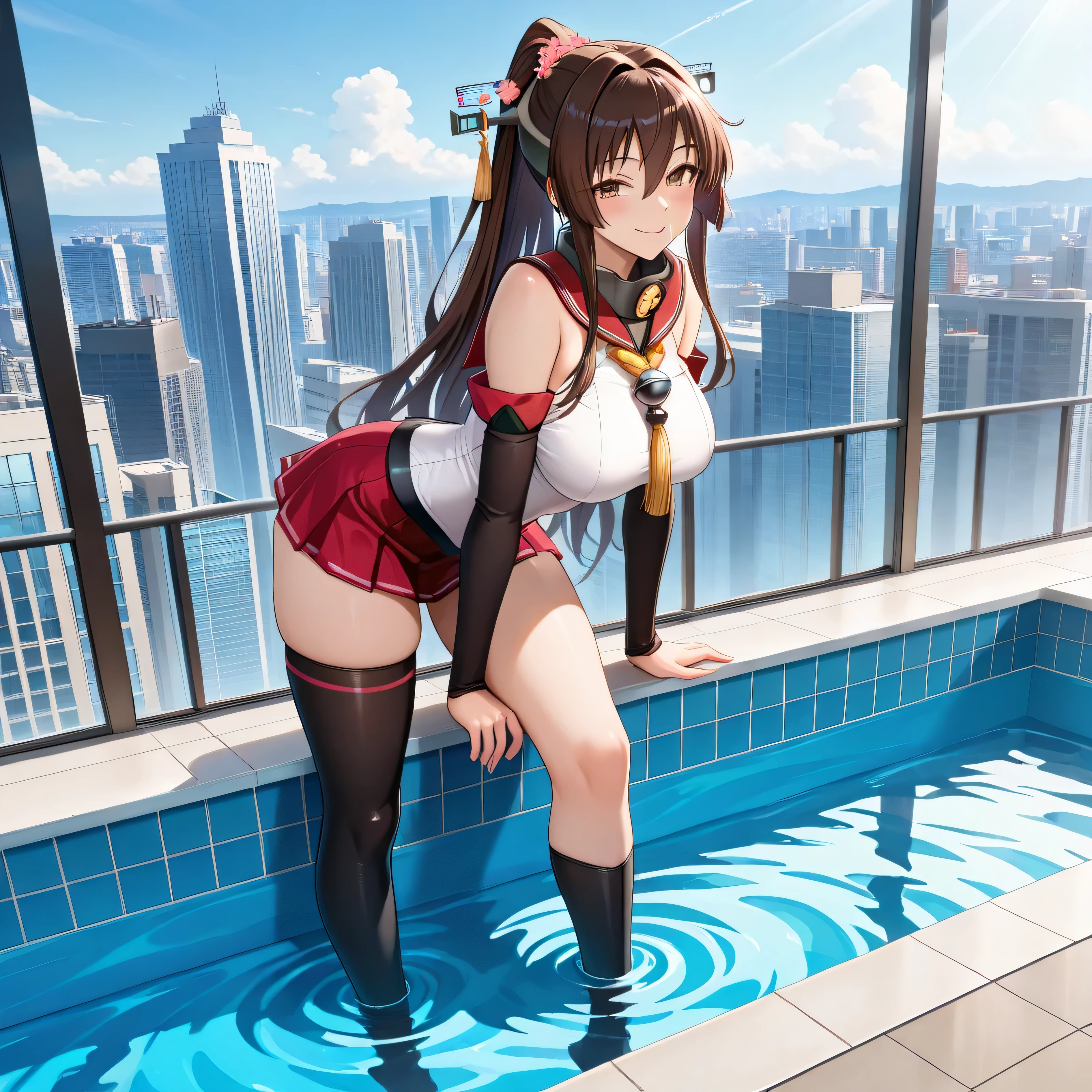 Camel Toe:1.4、(Sweat)、(vapor)､(((Long gloves:1.3)))、Brown Loafers、Black calf socks、Open your thighs wide to the left and right､地面にSquat、Showing your crotch to the audience, ((Enamel Bondage:1.3、Squat, Spread your legs:1.3, Put your arms behind your head ))、30 years old、Absurd、Dark brown long ponytail hair、Flat lighting、Elevation、Sexy pose、Highest quality、Complex、Surreal、perspective, Very detailed, Detailed Background, shape、1 Girl、alone、Super big breasts、A light smile, Embarrassing, blush, ((Poolside)), 
