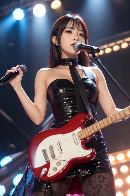 masterpiece, best quality, idol_costume, boots, 1girl, solo, Long legs, slim_legs, singing, idol, upper body, looking at viewer, long black hair, short hair, standing in the stage stereo  stage, stage lighting, spot light,  stage spotlight, detailed background, audience, 