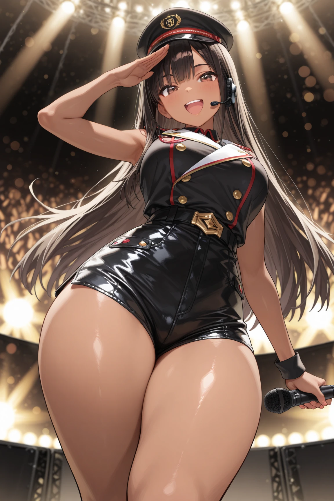 (high quality, High resolution, The finer details), Realistic, A woman wearing a thin, small-sized high-leg leotard, BREAK twirling, Raising his leg vigorously, A powerful leap, alone, A woman with a plump, curvaceous figure, Sparkling eyes, (Detailed eyes), smile, blush, (Sweat), (Oily skin), Dramatic lighting effects, Shallow depth of field, Spotlights on stage, Contrasting Shadows, Bokeh, Studio Lighting