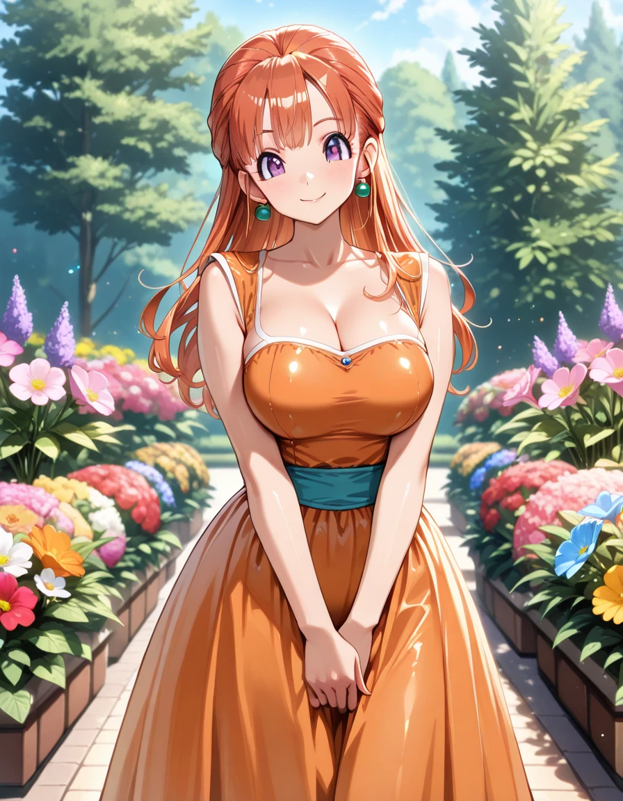 masterpiece, best quality, <lora:whitney-nvwls-v1-000009:1> defWhitney, pink eyes, yellow sundress, smile, blush, from above, garden, cityscape, large breasts