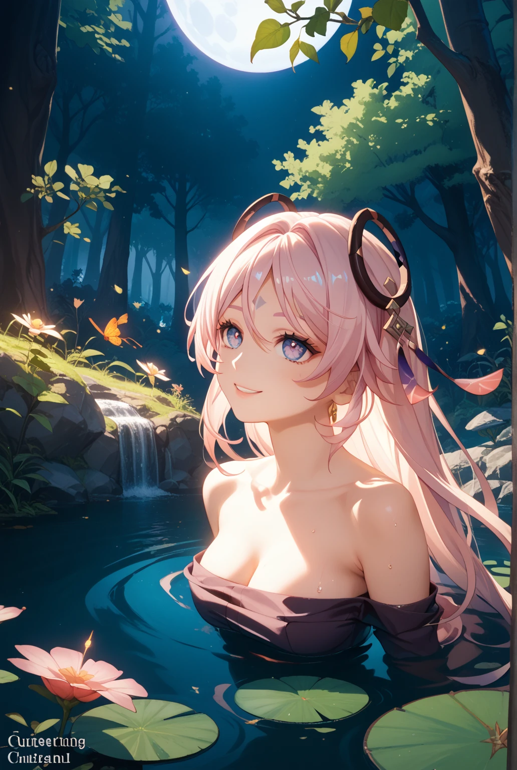 (beautiful kawaii bishoujo girl:1.2), taking dip in hot spring relax, natural clear skin face, sweat wet healthy colored skin, (detailed eyes:1.1), natural lip, wet long gray hair, pointed ears, cleavage breasts, sheer bath robe wet, stunning epic scenery majestic hot spa surrounded cherry-blossom trees, lens flare, rim lighting, (soft focus:1.1), intense shadow, (post process bloom:1.1), flat painting, (3D:1.1), unity, (many flower petal particles:1.1)