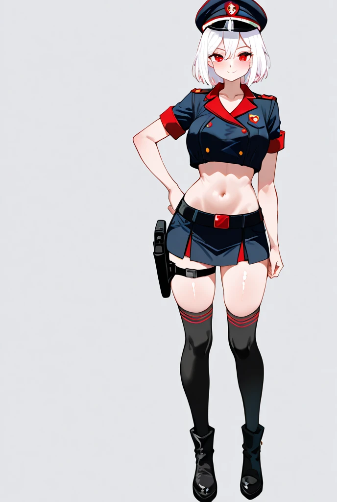 Dark green iron helmet、fire a handgun、She holds up her skirt with both hands、Showing off her cute white underwear.、Black garter belt、Black rough fishnet stockings、Plain white shirt with erect nipples、Standing posture