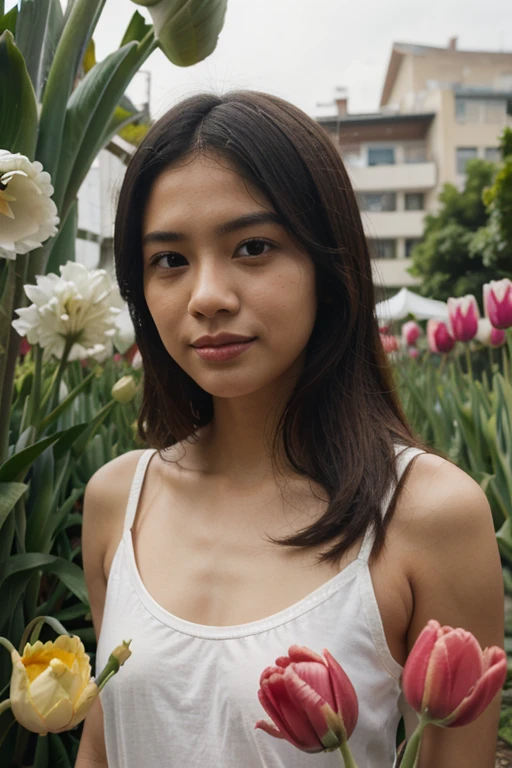 (very detailed body, highly detailed face, best quality: 1.2), women, looking at the viewer, subtle smile, (Tank top), (confusing pink bougainvillea in the background: 1.4), UHD, retina, masterpiece, accurate, anatomically correct, textured skin, super detail, high details, high quality, award winning, best quality, highres, 16k, 8k, cinematic lighting