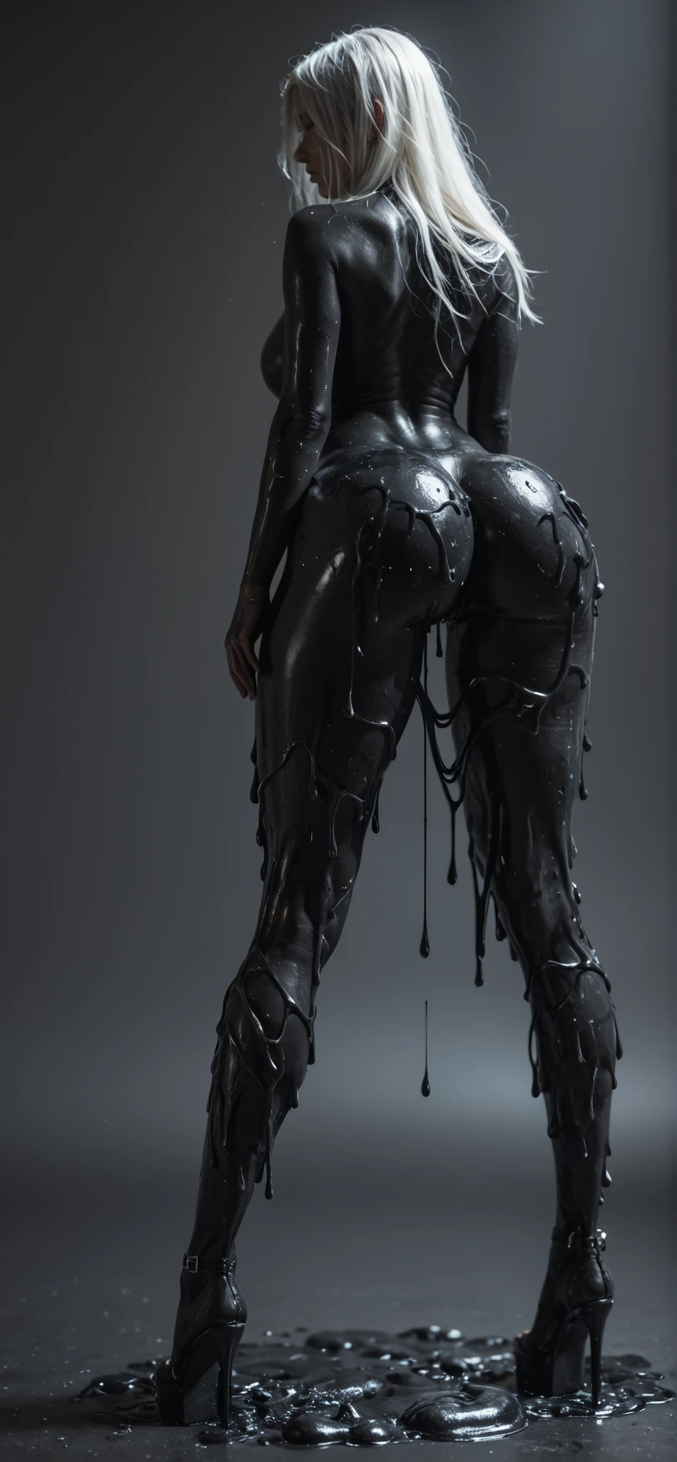 Last girl standing in end of the world, ((white hair)), huge perfect breast, black slime, black outfit, (((full body portrait))), ass on focus, ((detailed hot legs and ass)), (((black slime))), from back and below , hot pic, ((wearing only a black slime, and platform high heels)), (black slime), more black slime, black slime splatted , (((sexy model pose))), open legs, hot ass, ((ass push up to camera))