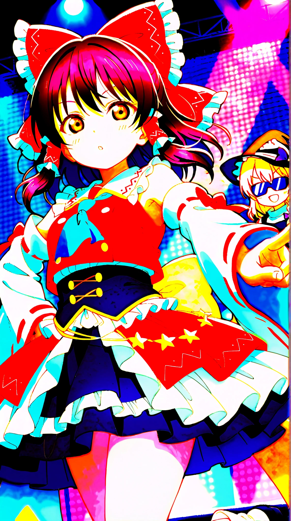 solo, hoshinoai, (Masterpiece:1.2, high quality), (pixiv:1.4), (1girl:1.2), (solo:1.2), medium_face, black + high_ponytail, blunt bangs, red + long_eyes, smile, Light_face, large breasts, slenderwaist, Wide pelvic, thigh gaps, (serafuku, sailor collar, necktie), (pleated skirt blue skirt, pantyhose, black footwear, shoes), Single_earrin, standing, standing straight, (full body), (blurry background) muscular female