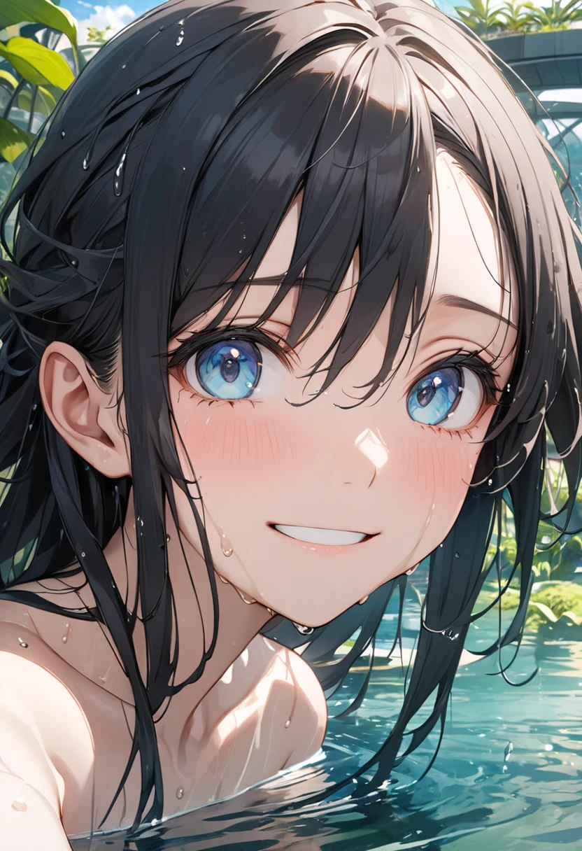 ((Highest quality)), ((masterpiece)), (detailed), ((Japanese)),10 years old, Black Hair,(Childish face), long hair, (Bob Hair), Girl ,Medium Breasts , ((Blue eyes)),half-smile , Sunlight , ((Naked)),(topless),((extreme_close_up)) ,((Lots of bubbles)), Shining Stars, Medium Breasts,Open sea, ((Showcasing cleavage)),