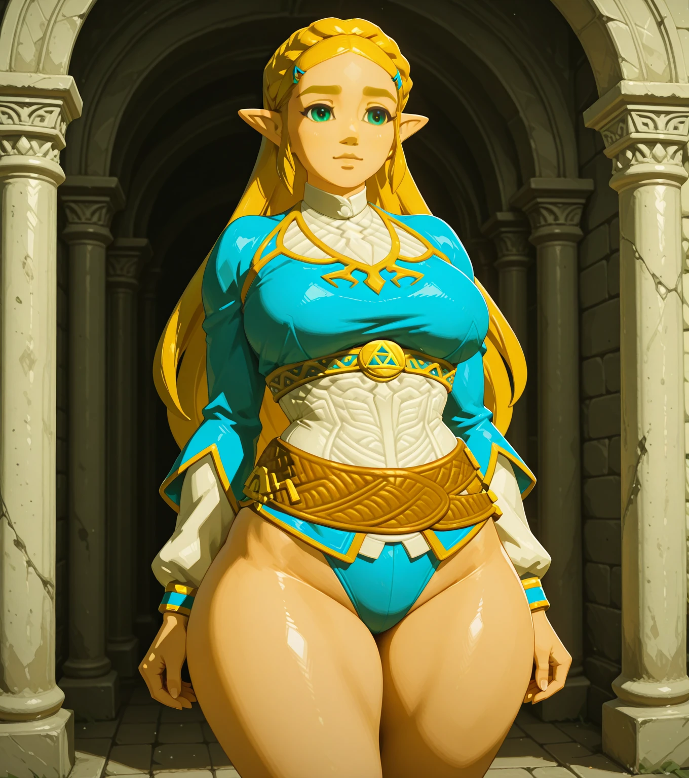 PrincessPeach, Looking at Viewer, Huge , wide hips, thick thighs, slim waist, muscular abs, wearing micro string