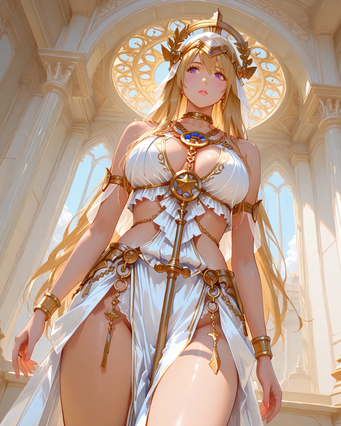 Close up of goddess holding shield and spear, Very big blue eyes、Hanging eyes、glares、Strong will、Golden panties、Golden bra、Beautie、(((((Bare legged、bare-legged)))))、naked legs、Clean Shank、Clean knees、Clean calves、Golden helmet with red feather decoration、Golden Breasted Armor、Gold shoulder rest、Right hand holding a large golden spear with the tip of the spear diagonally up、dong、gold shield、white Pareo、brown colored long hair、 3D Goddess Minerva, God Athena, the goddess hera looking angry, golden goddess athena, venus godness athena,