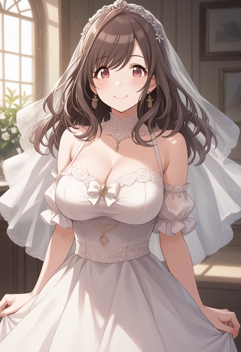Girl with huge sagging breasts with a sweetheart neckline and a lace neckline ,bridal veil and bouquet