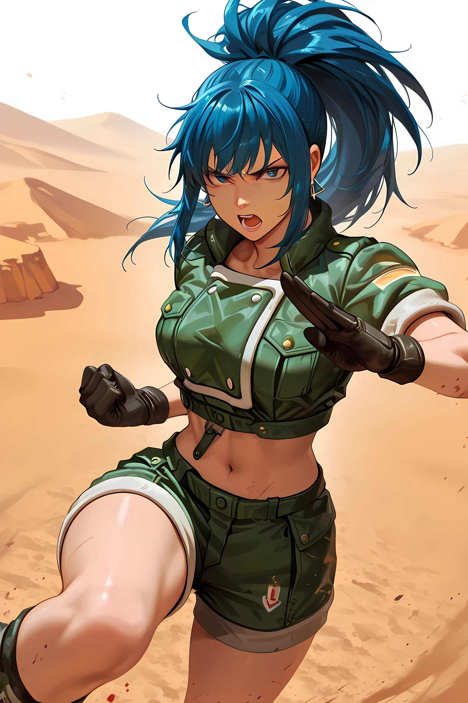1 girl, leona heidern, blue eyes, blue hair, ponytail, gloves, jacket, crop top, shorts, green jacket, green shorts, standing, in the desert, rocks,blood red hair messy with a ponytail,The King of Fighter character,Leona Orochi,seems too angry,eyes glow yellow,angry with open mouth,she is surrounded by blood and power, sexy, leg raised, kicking viewer, best quality, masterpiece