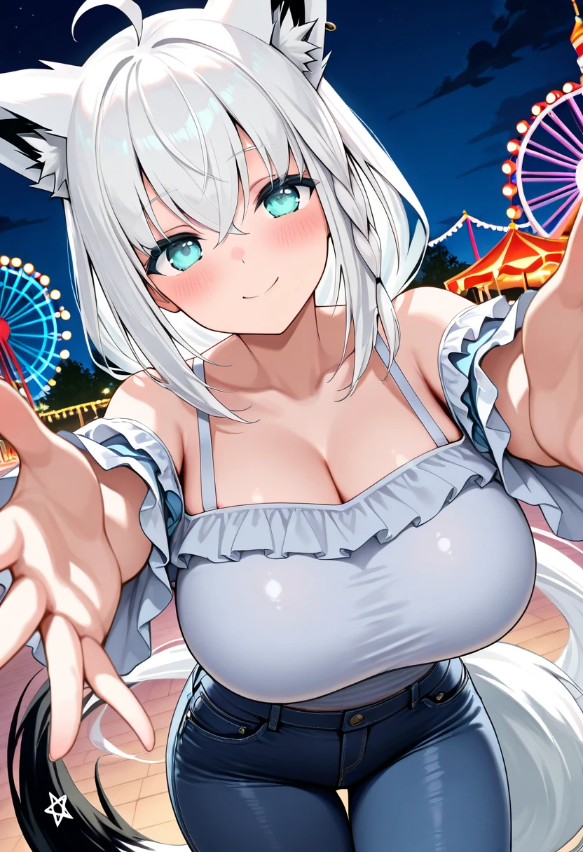 1girl, pov, paizuri, 1boy, penis between the breasts, breasts squeezed together, , cleavage, wet penis, , in convertible car, naughty smile, night, night sky, shooting stars, fansionable white sleeveless clothes, sweat, braids, 