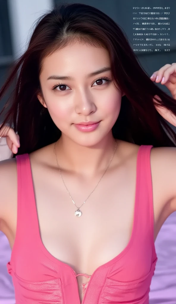 ultra high definition,Ultra-detailed,8K resolution,best picture quality,high detail,ultra high resolution,movie effect,Filter。A woman,smooth hair,big eyes,High nose bridge nose,little cherry mouth,Smile,sweet,Precise and perfect facial features,Shawl hair,Wear a wreath on your head,wear necklace,穿着Pink dress,Perfect body structure,(Pink dress,V-neck,Scale 1:2,Bare shoulders,)background,roses,一大片一大片roses,sunny,Sunny,手里拿着roses,Deep scene,Extremely precise,dynamic angle,Ultimate picture quality,highest precision,Accurately completed photo of seven points