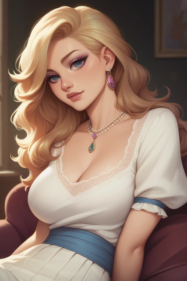 "A beautifully detailed portrait of a Nordic princess named Leona. Leona has long, straight blonde hair styled with pearls and ribbons. She is dressed in an elegant off-shoulder dress that accentuates her curves. Her face is perfectly made up with heavy makeup, including layers of foundation, eyeshadow, and glossy lipstick. She has fair skin and blue eyes. She is sitting on a man with her hands in front of her, prominently showcasing her impeccably polished, glossy pink nails. The background includes an opulent bed and ornate decorations, reflecting the grandeur and wealth of the palace. Leona looks sad, with an expression that conveys a deep sense of sorrow. The image should focus on vibrant colors and a soft, illustrative look."