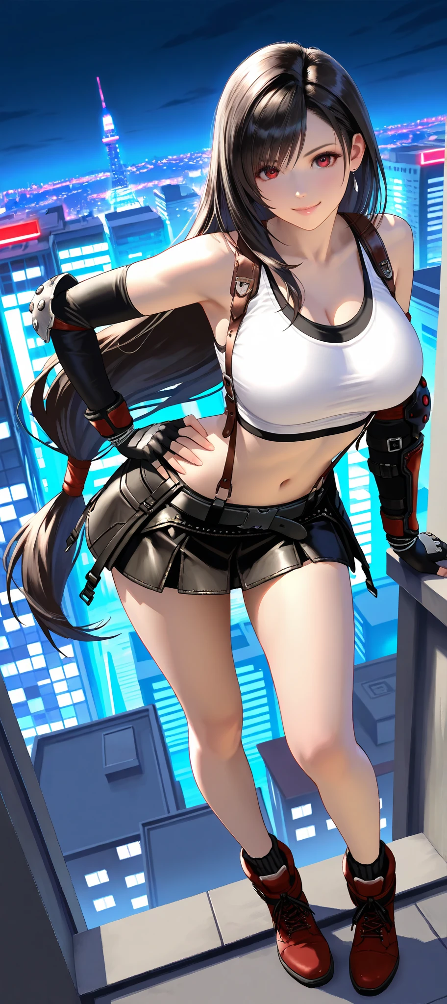 perfect eyes:1.2, detailed eyes:1.4, serious, hand on hip, night, city, metTifa, red eyes, large breasts, low-tied long hair, earrings, cropped sweater, blue sweater, off-shoulder, short sleeves, suspender skirt, elbow gloves, armored legwear, medium full shot, thigh-level shot, 1girl,(masterpiece:1.6, best quality),
