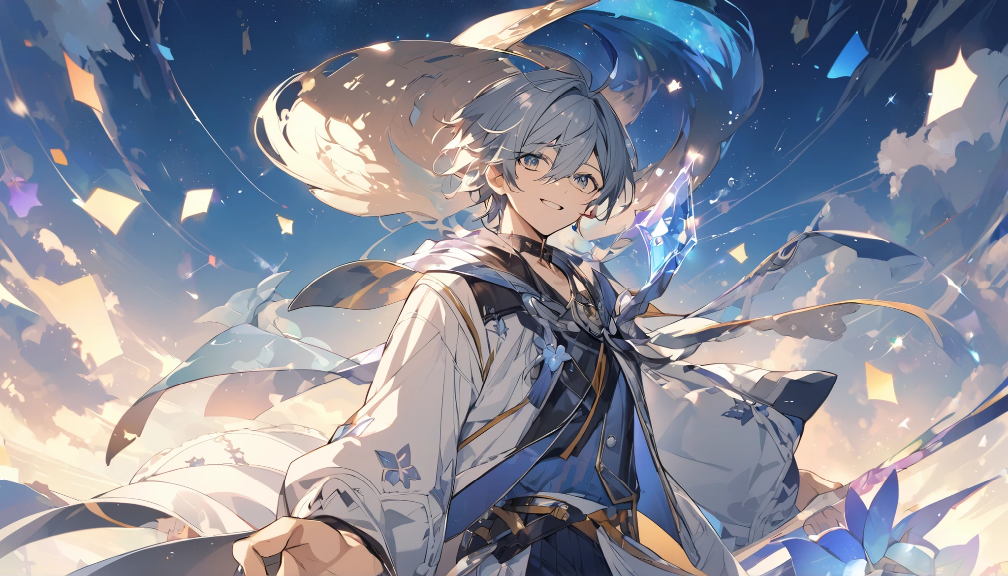 (masterpiece:1.3), (2D:1.0), (anime:1.0), (illustration:1.0), (sharp:1.2),
(hard light:1.0), (shadow:1.0),(reflection, refraction:0.8), (light rays, dappled light, light glare, lens flare, Tyndall effect:1.0),
(clear, shiny:1.0),
(best quality:1.2), (ultra-detailed:1.0), (extremely intricate:1.0),
(blurry foreground,cinematic light,ray tracing:1.1),
(bright_colors,dark_intense_shadows:1.3),
(impasto,outline,colorful:1.3),
(blurry,bloom, overexporsure:1.0),
(warm_light_from_below,glow_white_particles:1.2),
(granblue_fantasy_\(style\):1.1).
(young_male,bishounen,11_years_old:1.5),1boy,cub,anthro,uploaded_on_e621,wolf_boy,furry_kemono,furry_male,(detailed_fluffy_fur,tuft,white_fur,body_fur:1.5),(fluffy_big_tail:1.3),animal_nose,animal_ear_fluff,wolf_ears,(fluffy_wolf_paws,pawpads,animal_hand:1.3),kawaii,cute,fancy,fragile,oil,handsome,solo,(upper_body,cowbow_shot:1.3),male_focus,blue_clothes,(hooded_cloak,hood_up:1.5),male_short_hair,white_hair,blue_eyes,one_eye_closed,bangs,closed_mouth,smile,light_blush,hands_up,holding_star,bottomless,(knees_together_feet_apart,sitting:1.2),looking_at_viewer.
(night,starry_sky,crescent_moon,star_\(sky\),gem,plant, star_\(symbol\),sparkle),outdoors, scenery.